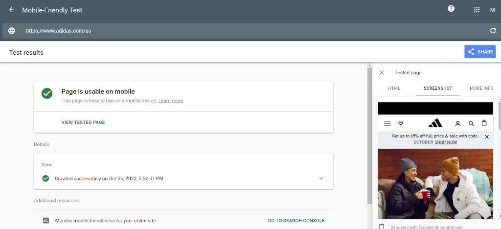 Un rapport de Google Search Console sur le site Web mobile d'Adidas
