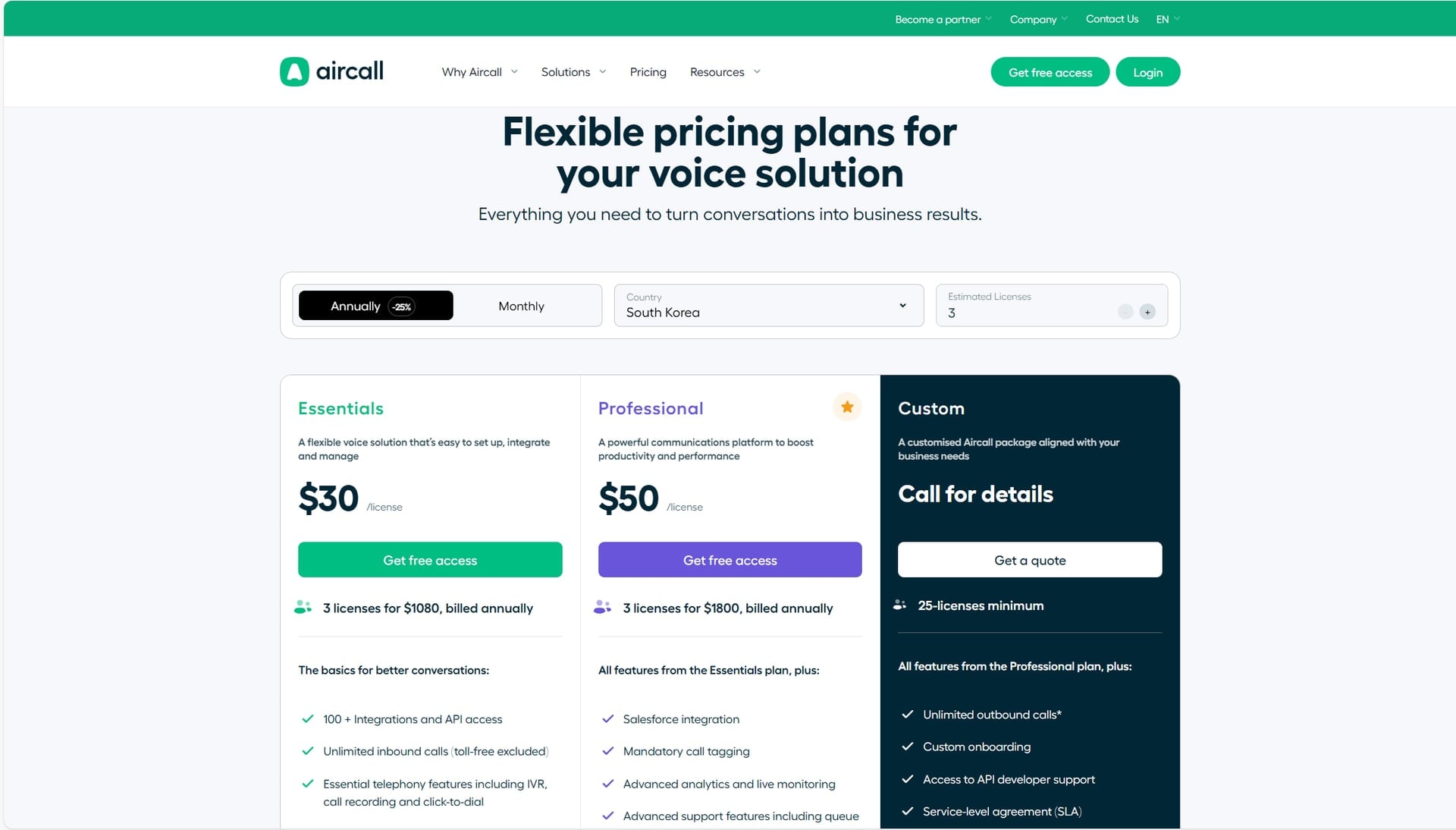Aircall-Preisübersicht. Eine Einzellizenz für den Essentials-Plan beginnt bei 30 $ pro Monat.