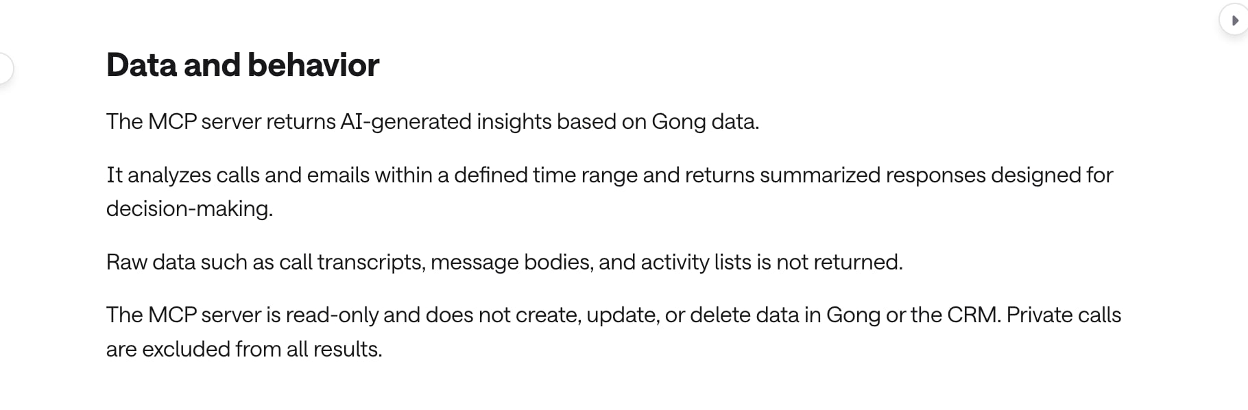 Gong MCP documentation stating the server returns AI-generated insights and does not return call transcripts