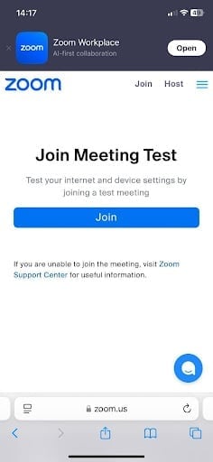 Zoom test call on a mobile; step 1
