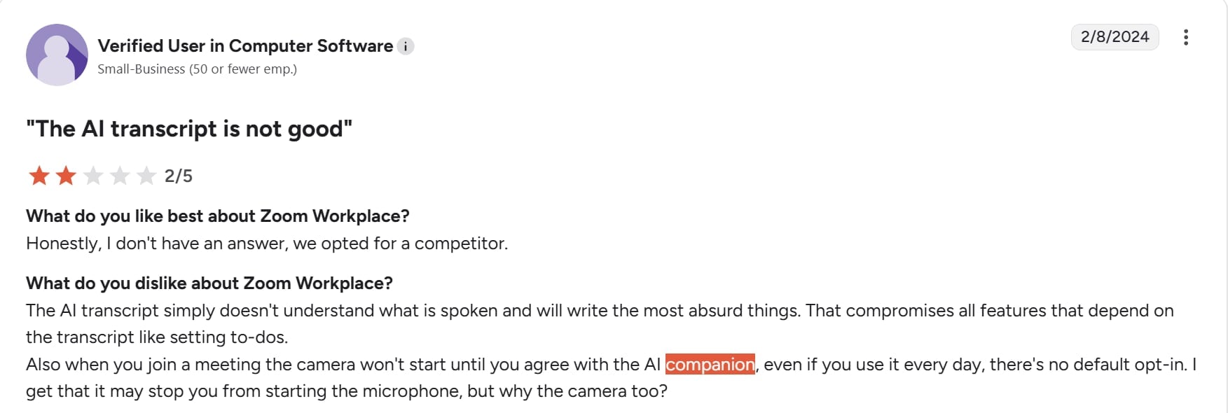 A 2-star review for Zoom's AI Companion on G2.