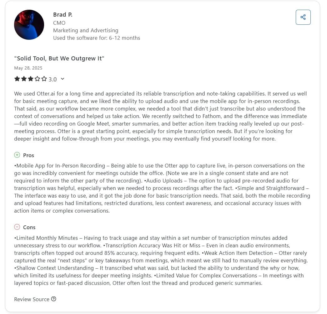 Otter's 3 star review on Capterra.