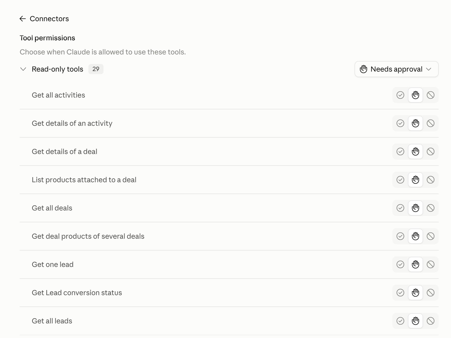 Claude's connector permissions for Pipedrive MCP