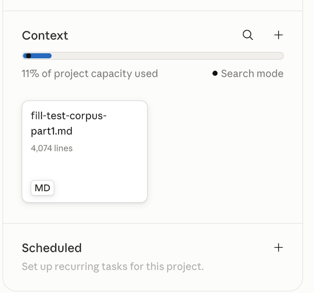 Claude Projects One file, 11% of capacity, already in search mode