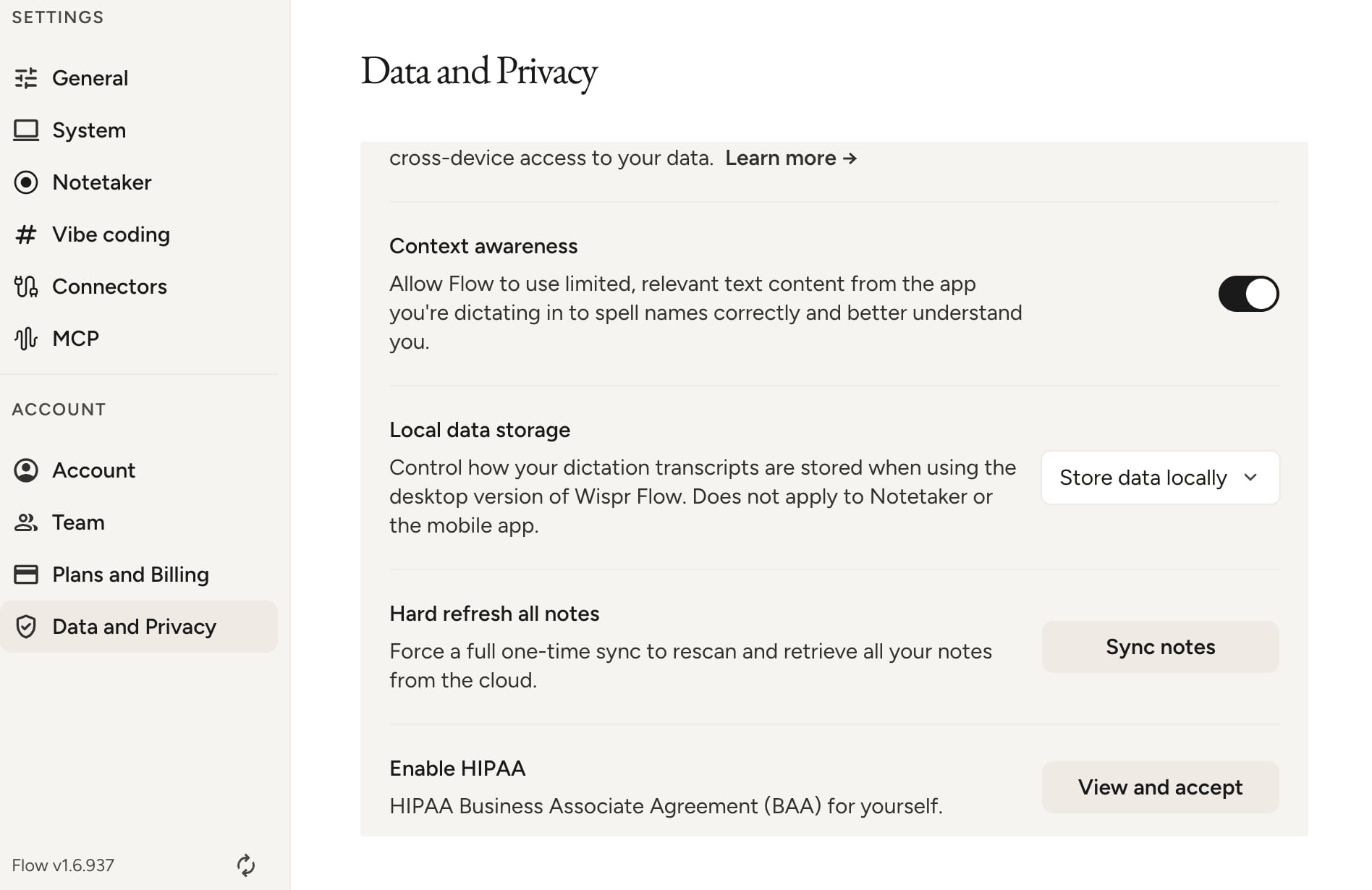Wispr Flow Data and Privacy settings with no transcript retention option and a HIPAA agreement button