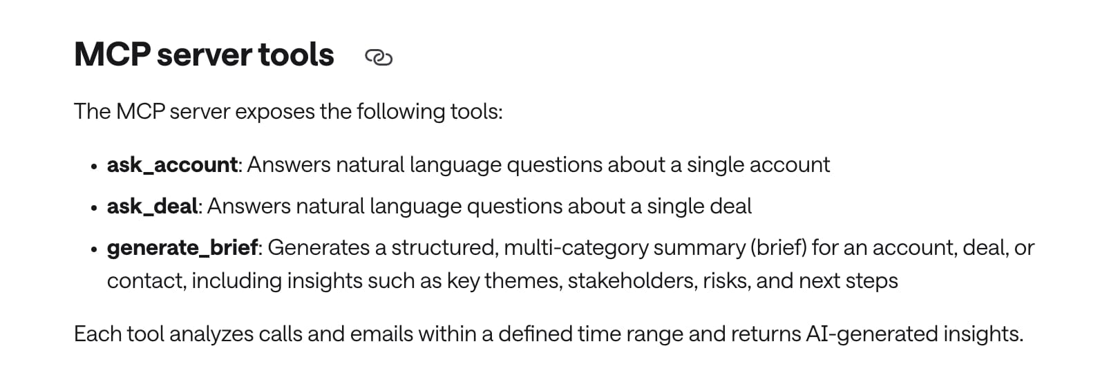 The three Gong MCP server tools: ask_account, ask_deal and generate_brief