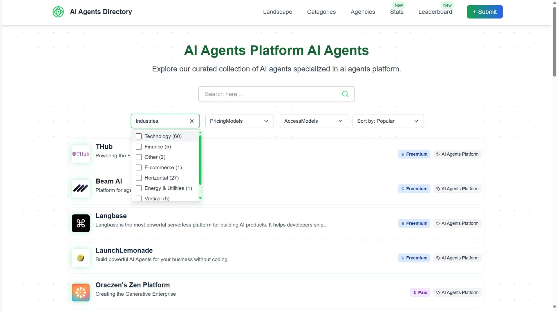 Die Suchfilter des AI Agents Directory.