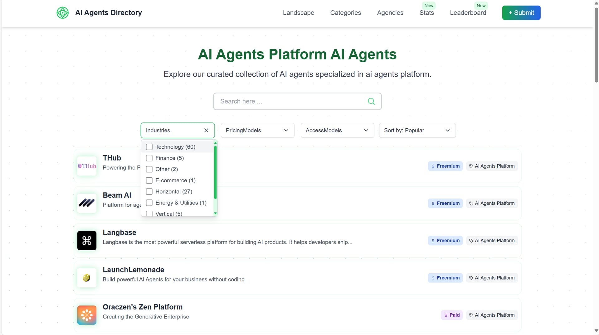 AI Agents Directory's search filters.