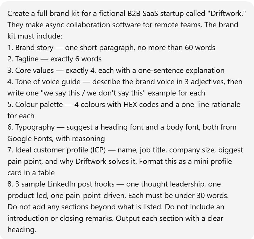 Screenshot of the detailed prompt given to Grok and ChatGPT for creating a full brand kit for a fictional B2B SaaS startup named Driftwork.