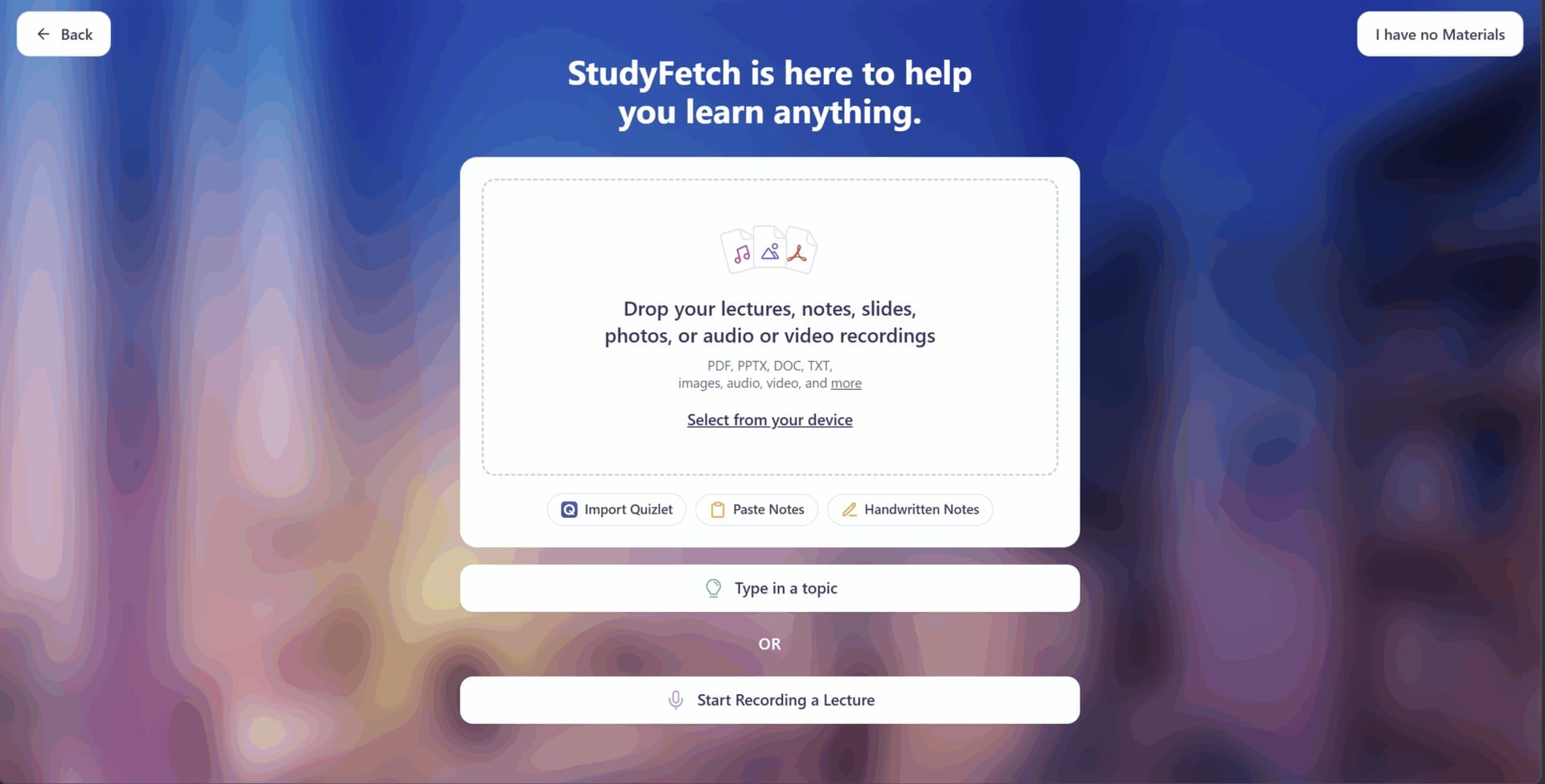 StudyFetch asked me to upload files to help me learn materials.