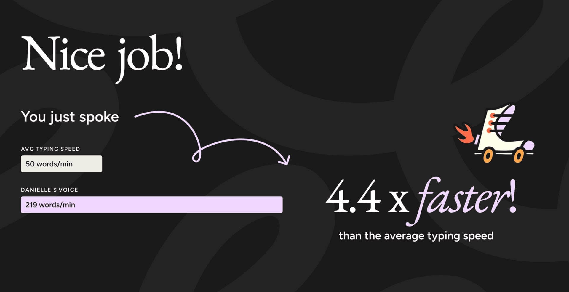Wispr Flow onboarding speed test claiming 219 words a minute, 4.4 times faster than typing