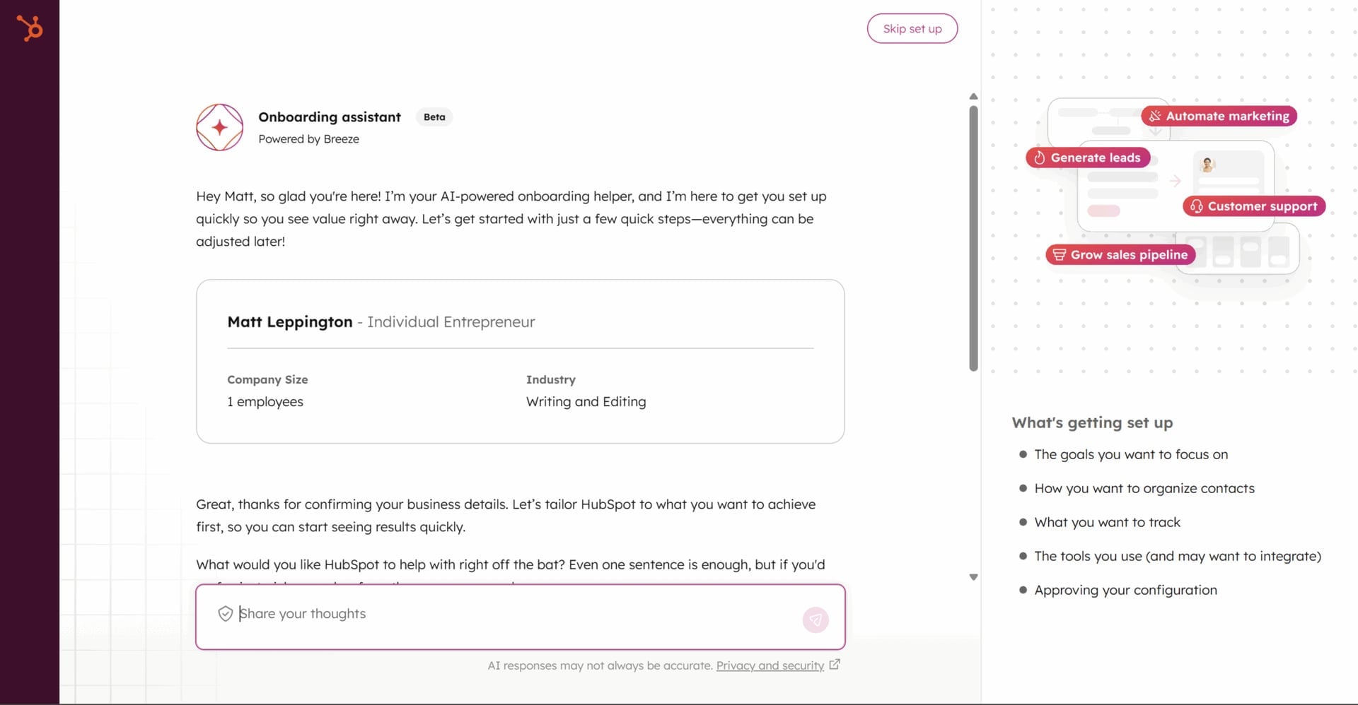 Chatbot de onboarding de Hubspot