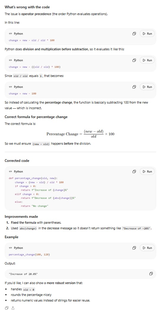 Screenshot of ChatGPT's output for the Debugging test, showing its response breaking the blog's layout by overflowing its container.