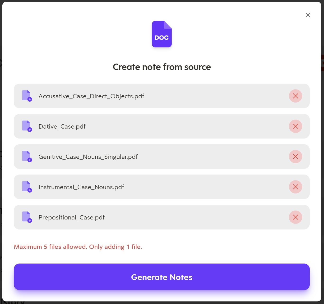 Turbo AI allows you to upload a maximum of 5 files. Turbo AI document upload interface showing a PDF grammar guide being converted into study materials.