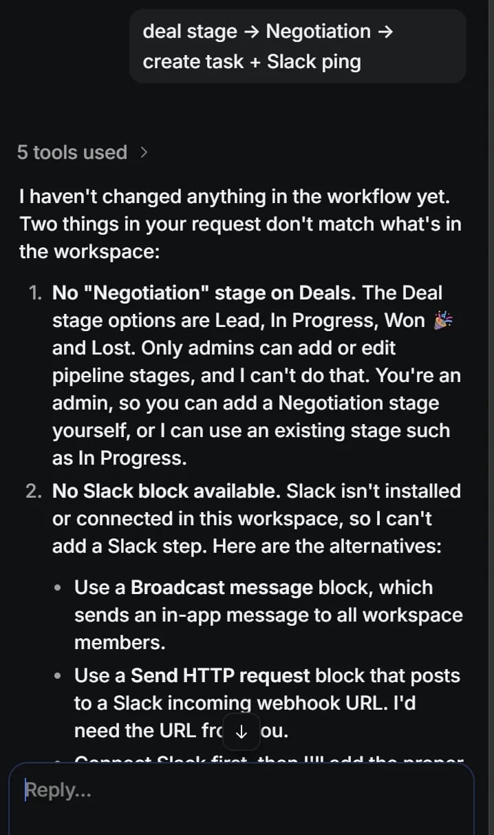Attio AI explaining why it can't build a workflow.