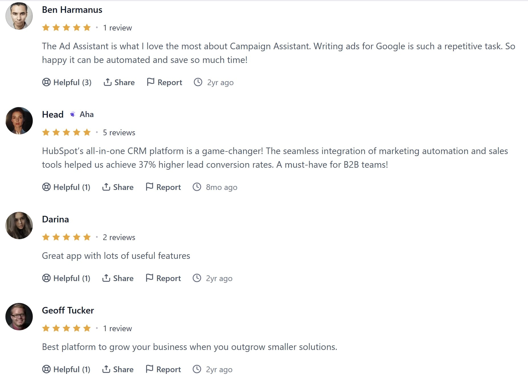 Opiniones de 5 estrellas sobre HubSpot en ProductHunt.