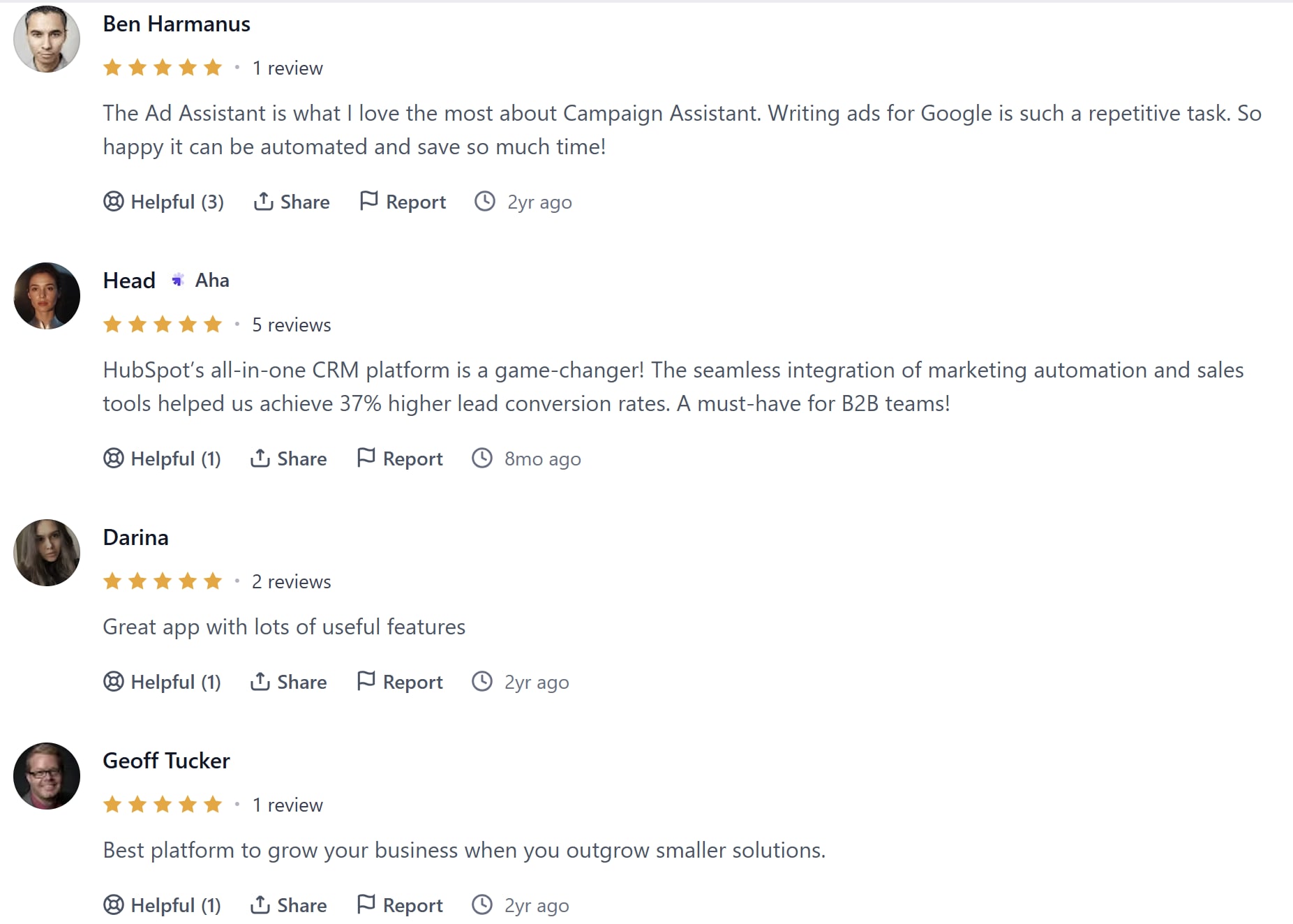 5 star reviews of HubSpot on ProductHunt.