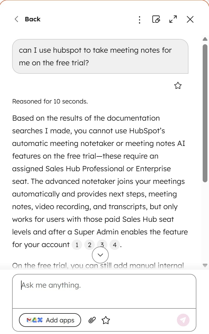 En el plan gratuito de HubSpot no hay disponible un asistente de reuniones con IA. Está reservado para usuarios de Ventas y Empresas.