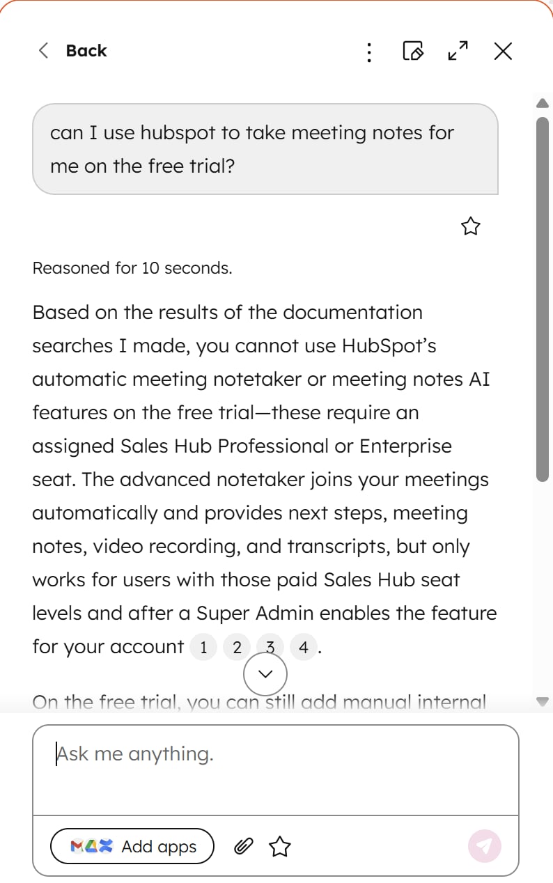 There's no AI meeting assistant available in HubSpot's free plan. It's reserved for Sales and Enterprise users.
