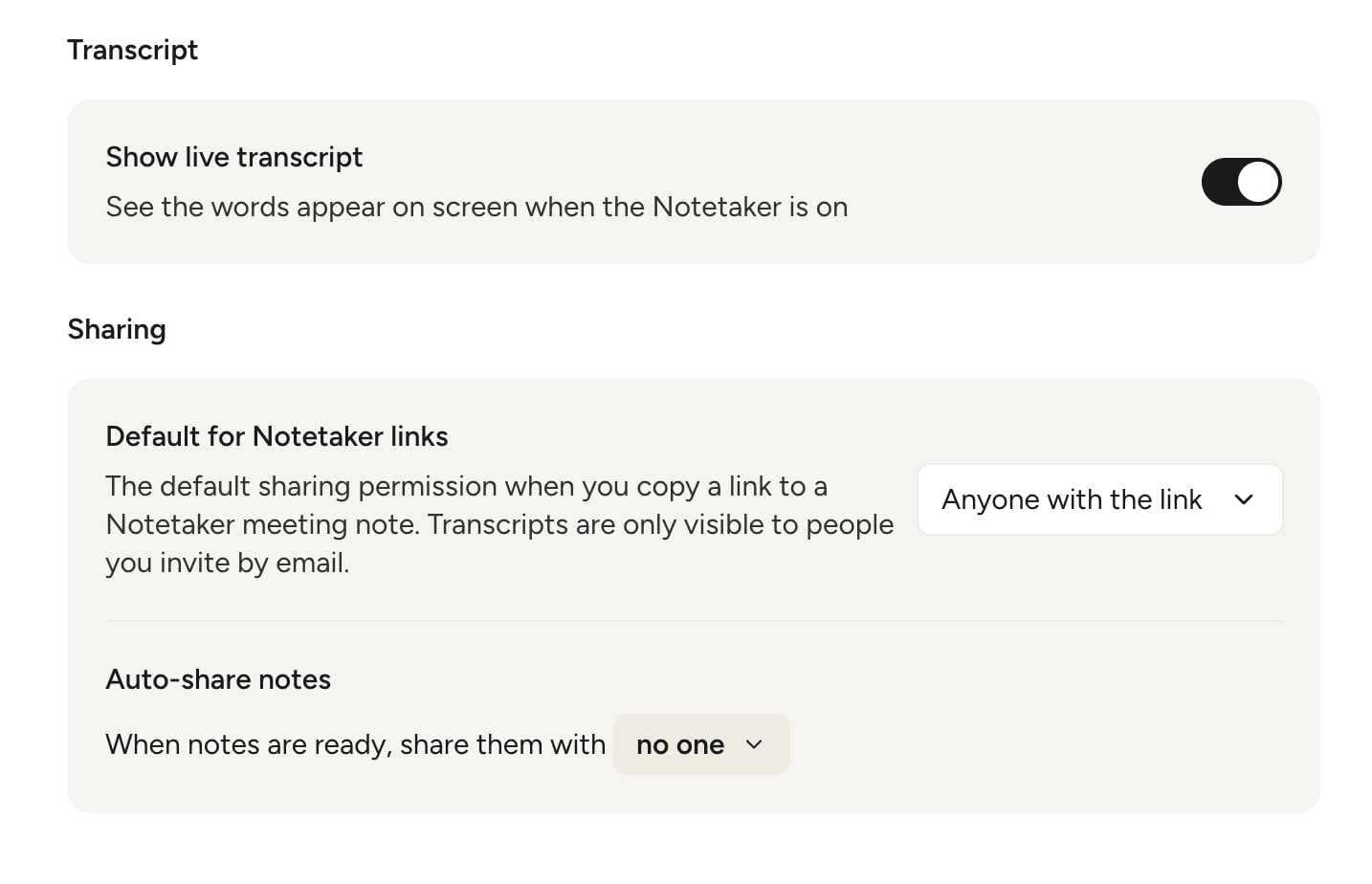 Wispr Notetaker sharing settings with links defaulting to anyone with the link