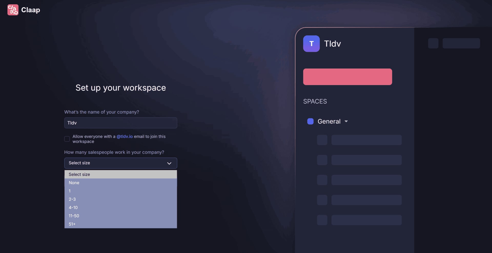 Claap's onboarding starts with your workspace.
