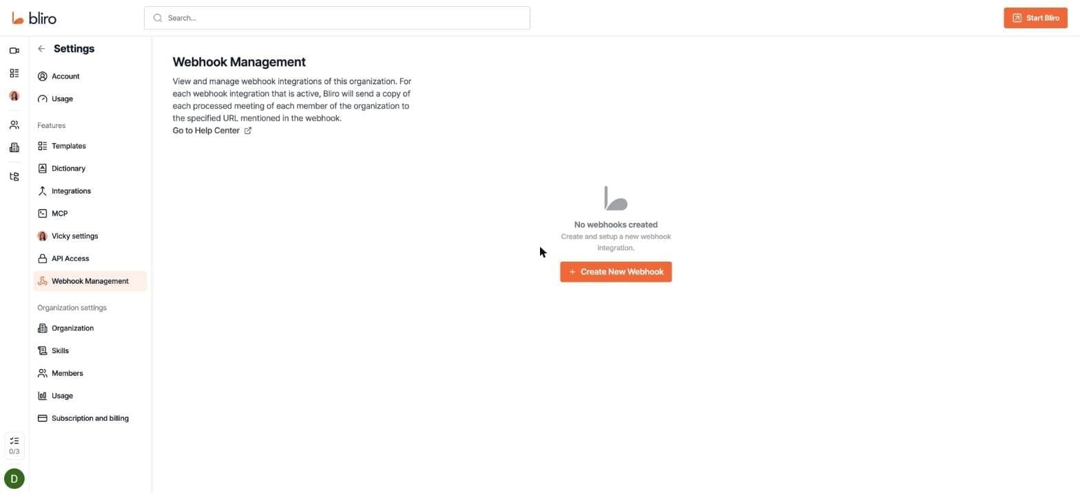 Bliro's Webhook Management settings, stating that a copy of each processed meeting of each member is sent to the webhook URL