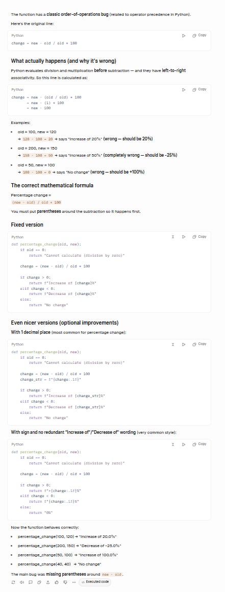 Screenshot of Grok AI's output for the Debugging test, correctly identifying and fixing the error in the Python code.
