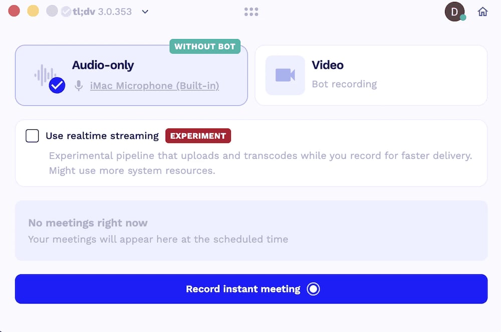 tl;dv desktop app set to audio-only recording without a bot