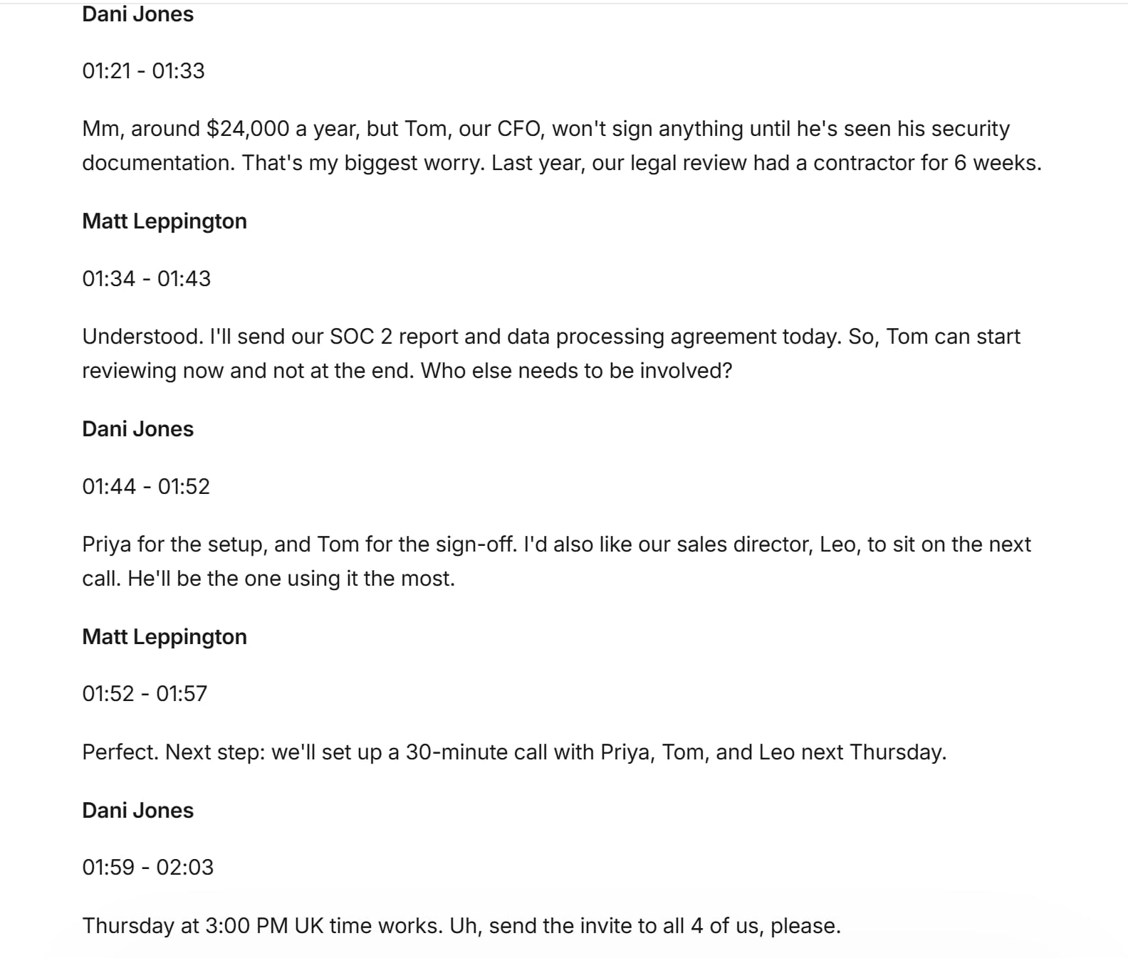 Jamie AI transcript with each line automatically labeled Dani Jones or Matt Leppington