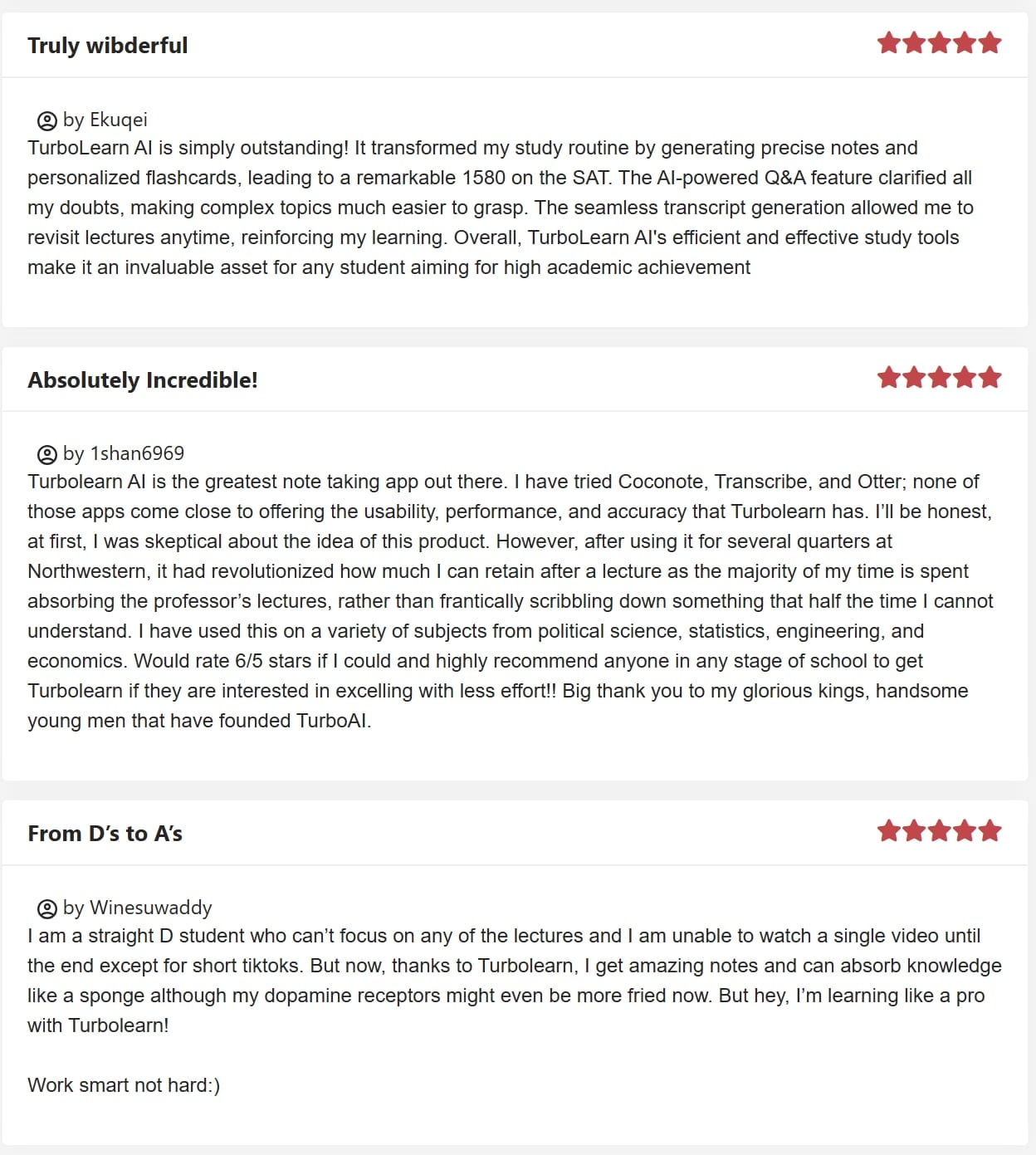 There are several 5 star reviews for Turbo AI on JustUseApp.
