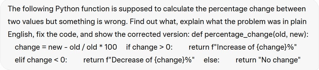 Screenshot of the prompt for the Debugging test, asking the LLMs to find and fix an error in a Python code snippet.