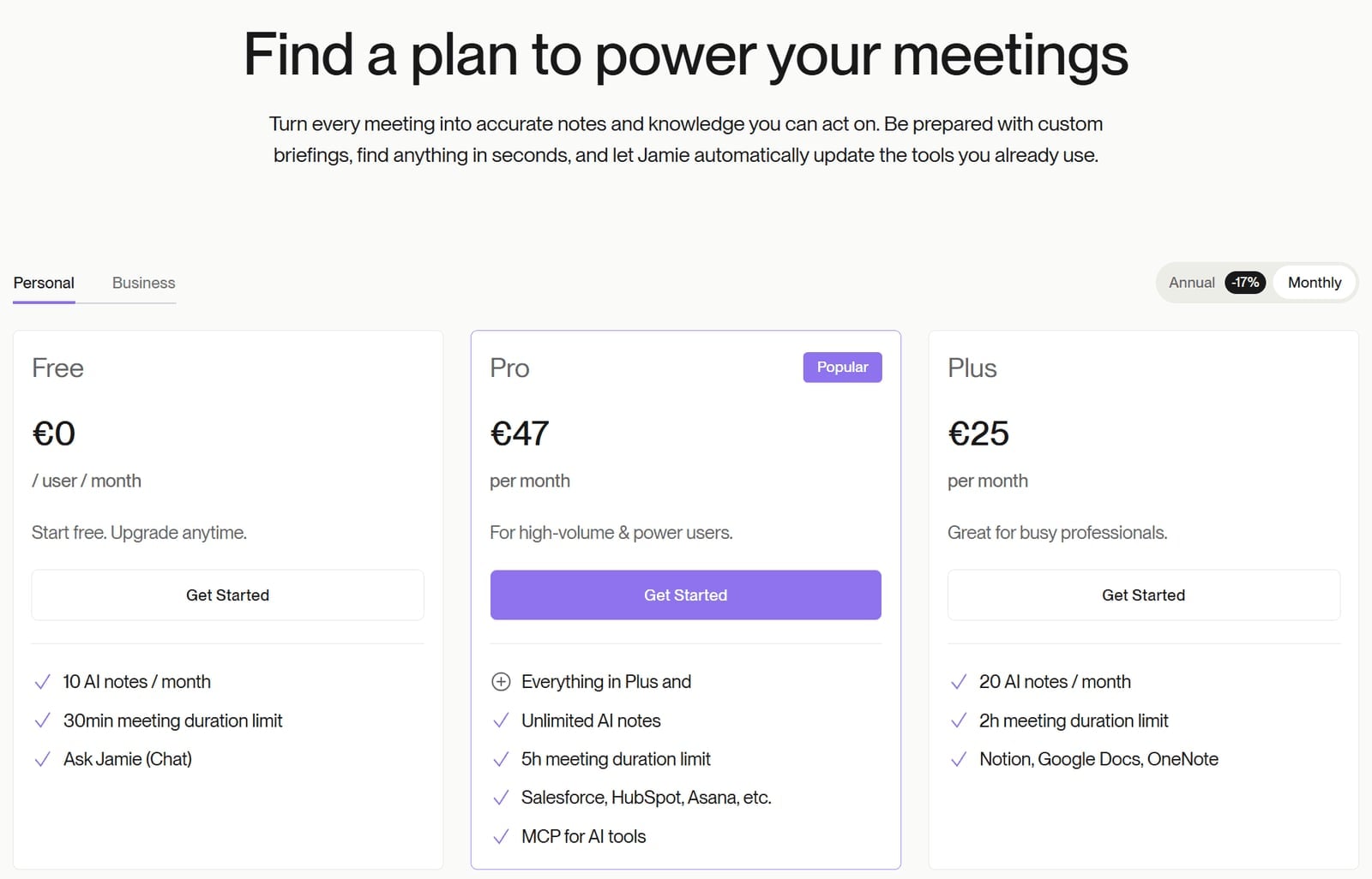 Jamie AI personal pricing with monthly billing: Free €0, Pro €47 and Plus €25 per month