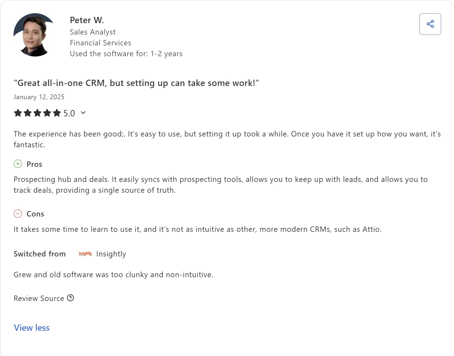 A 5 star review of HubSpot on Capterra.