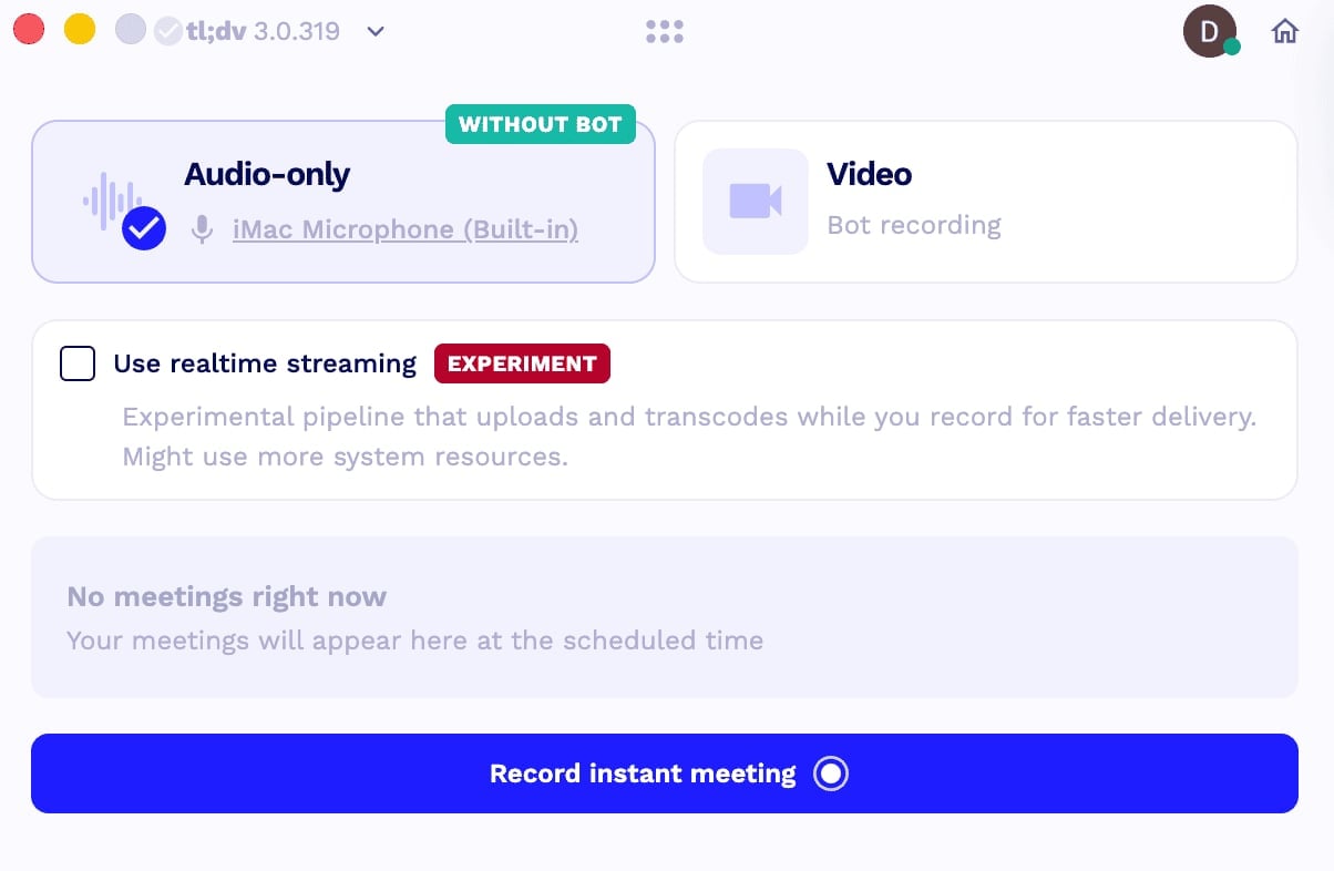 tl;dv desktop app offering audio-only recording without a bot or video recording with a bot