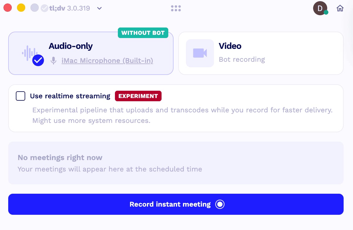 tl;dv desktop app offering audio-only recording without a bot or video recording with a bot