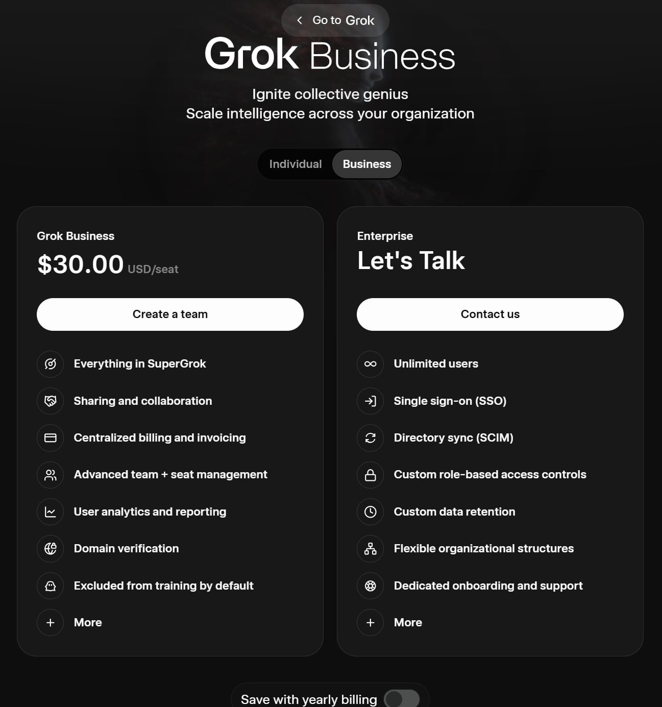 Тарифи Grok AI для бізнес-клієнтів станом на березень 2026 року: Grok Business (30 доларів на користувача на місяць) та Enterprise (зверніться до відділу продажів).