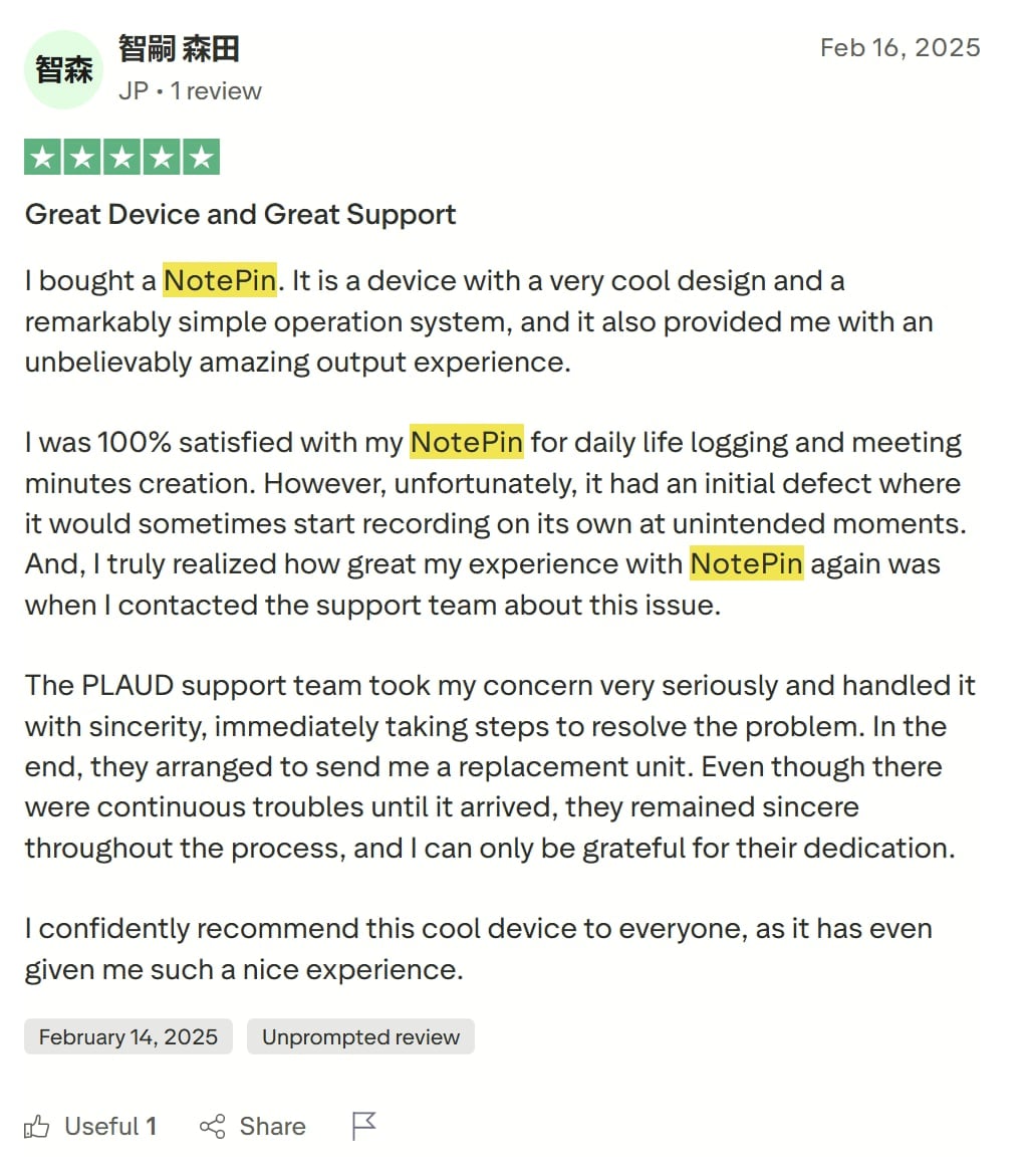 Eine positive TrustPilot-Bewertung für Plaud NotePin.