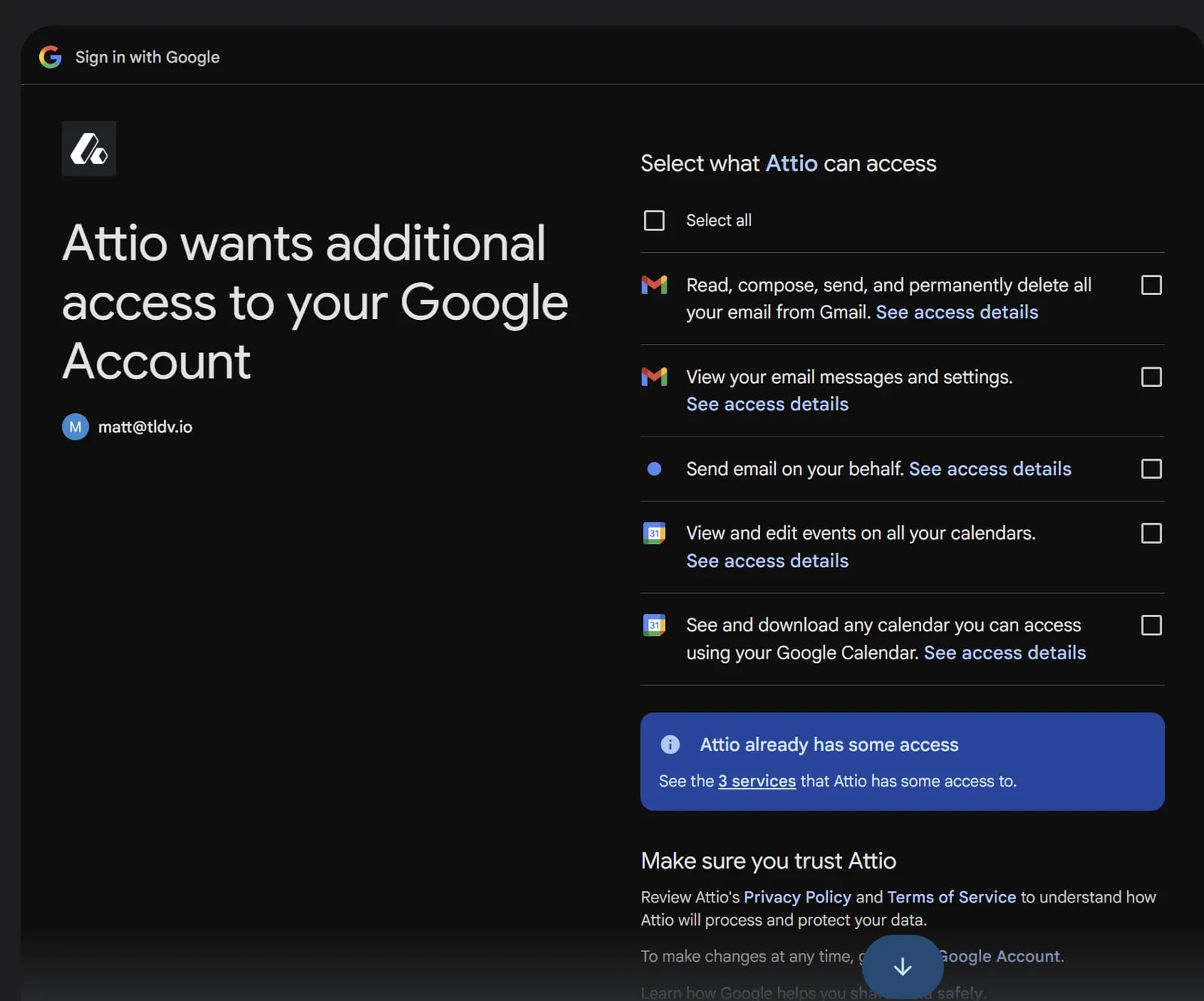 Pantalla de consentimiento de Google en la que se te pide permiso para que Attio pueda leer, enviar y borrar definitivamente tus mensajes de Gmail.