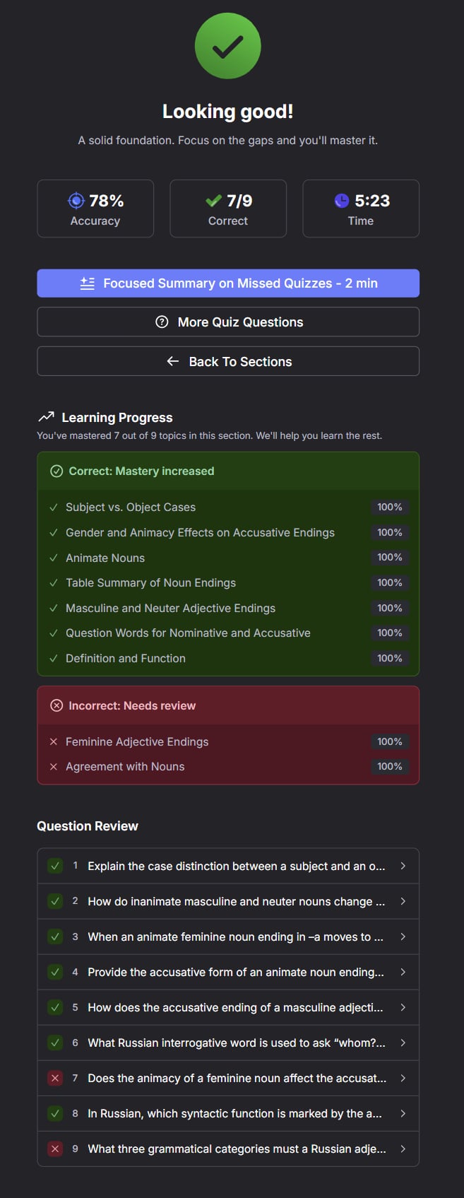 RemNote's Quiz results
