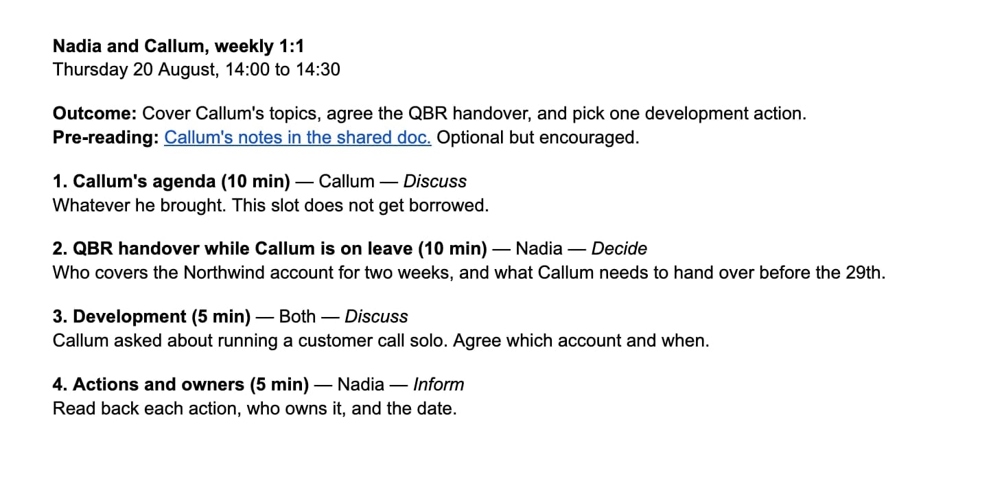 One-to-one meeting agenda template filled in