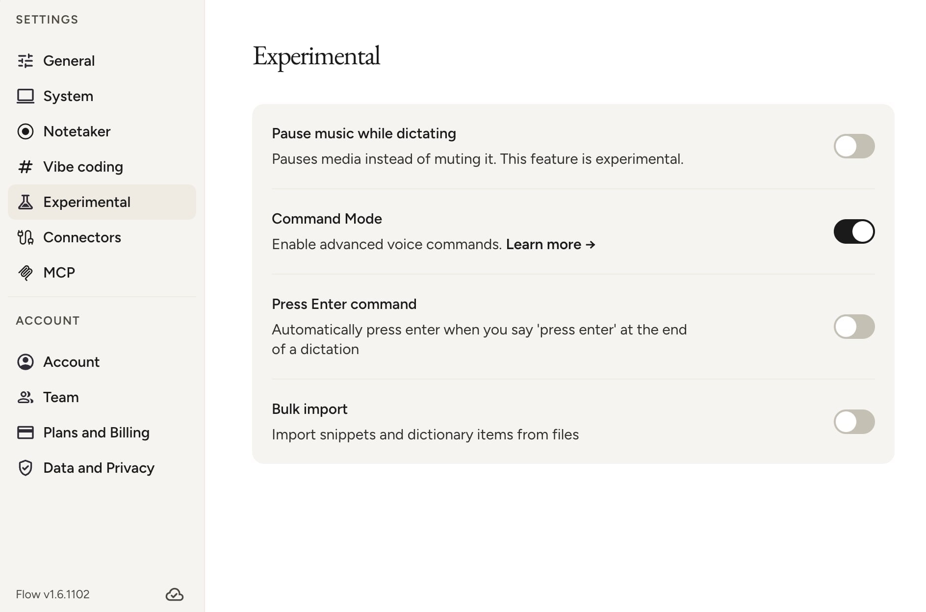 Wispr Flow Experimental settings with Command Mode switched on