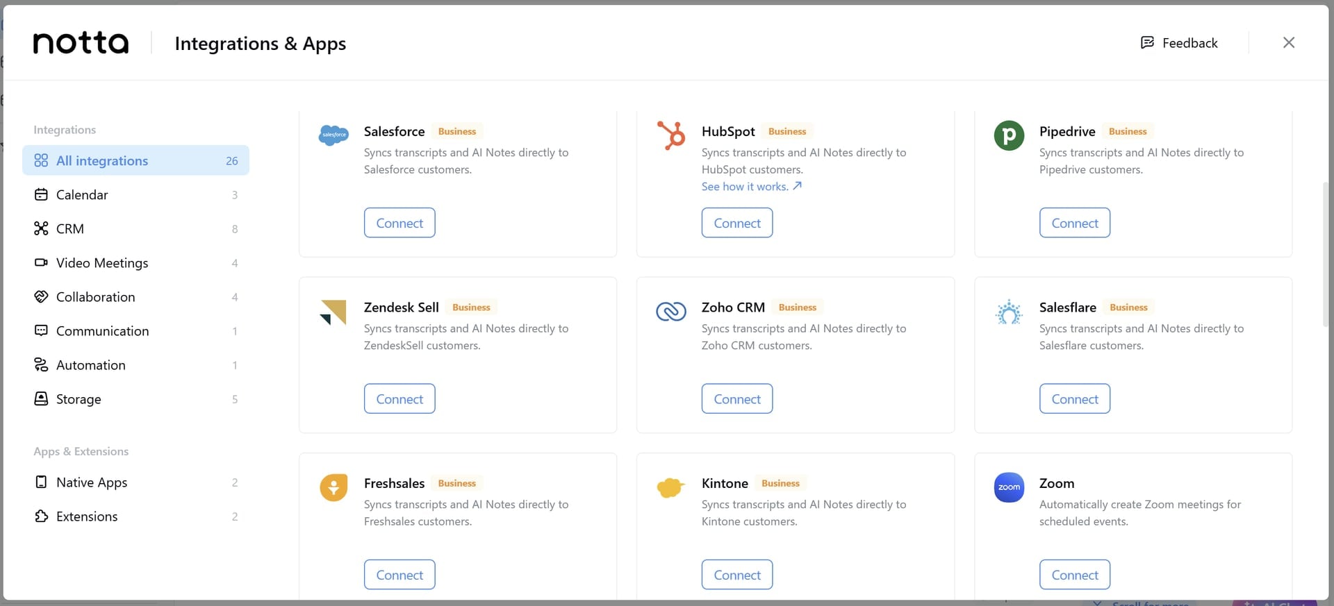 Notta's integration list
