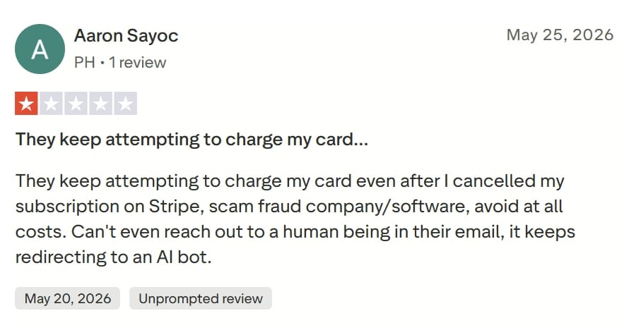 Bardzo negatywna recenzja na TrustPilot
