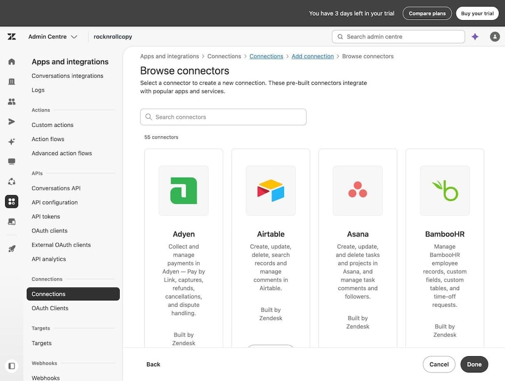 Zendesk connectors directory showing 55 connectors, each marked as built by Zendesk