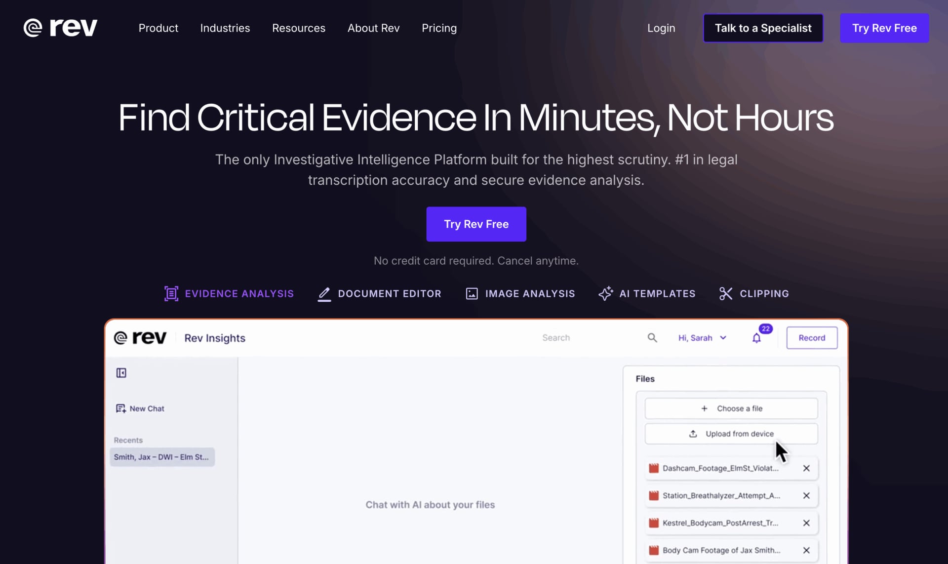 Rev homepage showing its AI platform for legal transcription accuracy and evidence analysis, with a file-upload interface