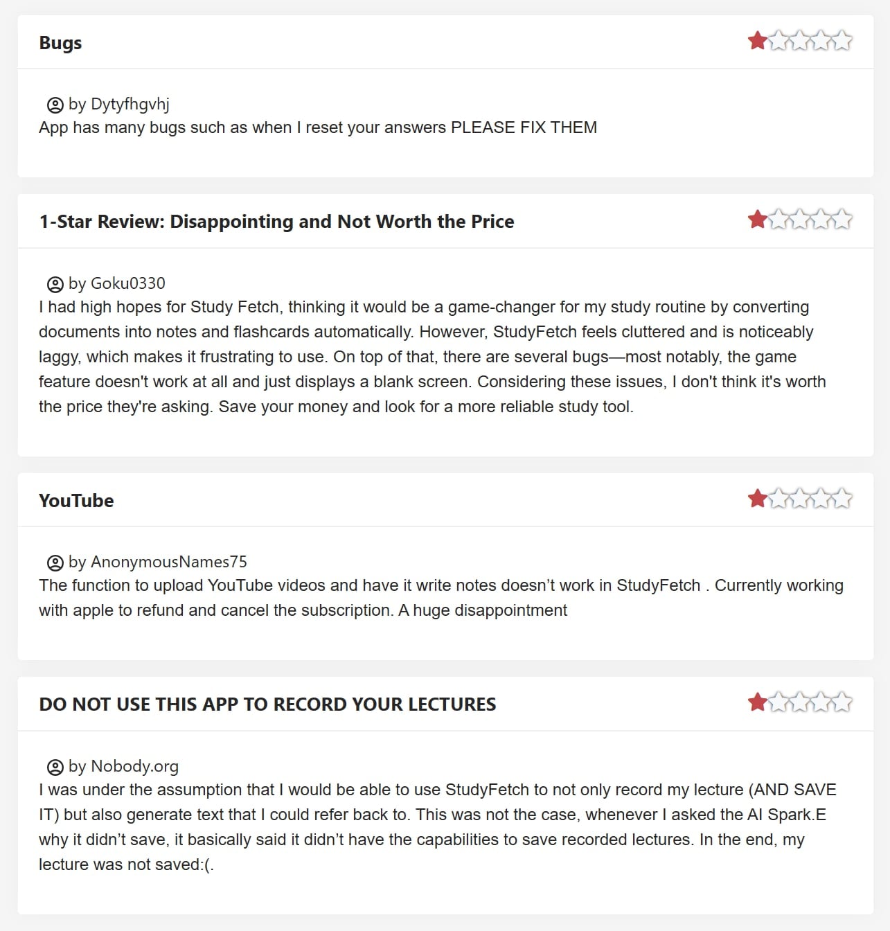 JustUseApp negative reviews of StudyFetch