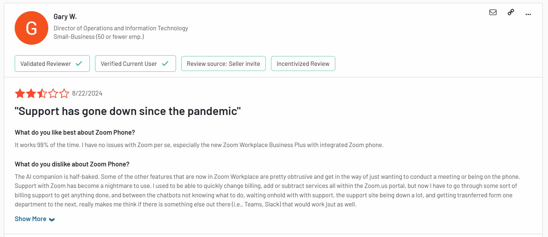 A 2.5 star review for Zoom Phone on G2