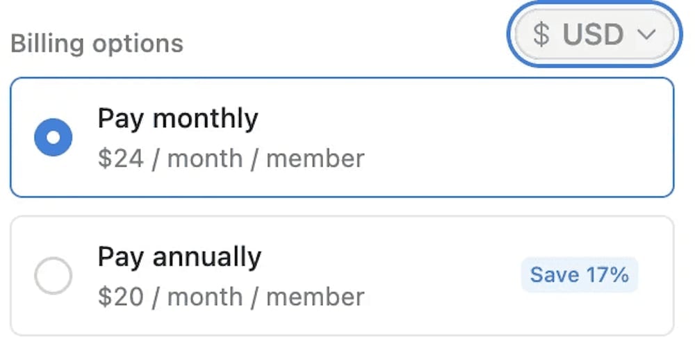 Notion Business plan pricing: $24 monthly or $20 annually per member