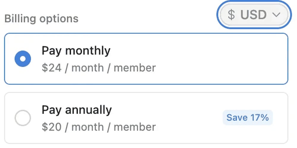 Notion Business plan pricing: $24 monthly or $20 annually per member