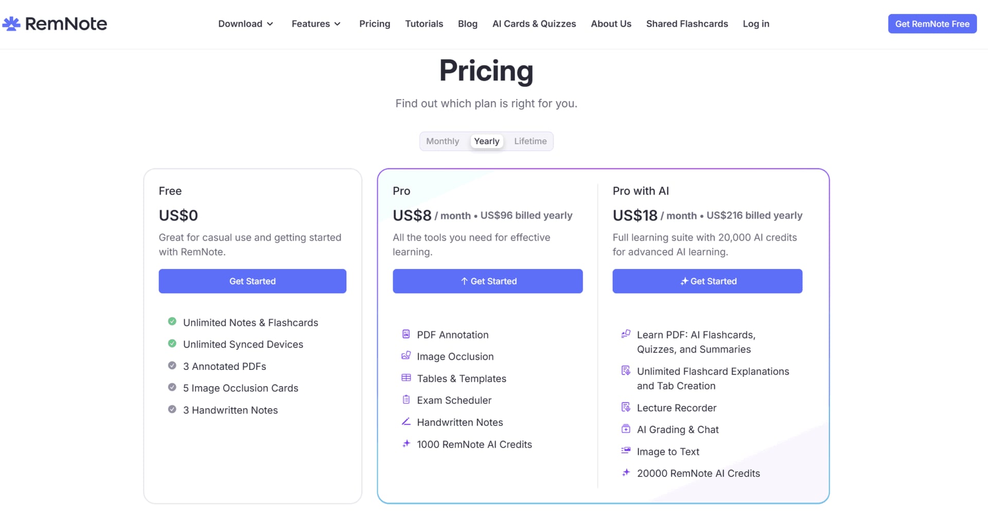 RemNote pricing page as of April 2026.